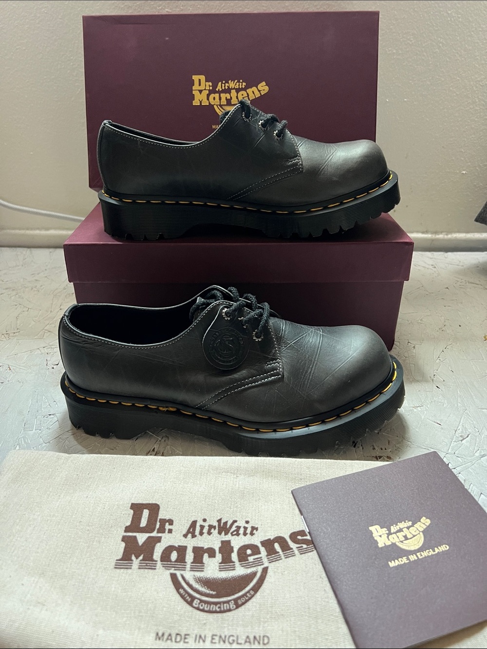 Dr. Martens 1461 Gunmetal  Leather Lace-Up Oxfords with Yellow Stitching